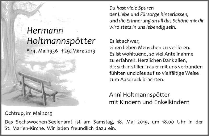  Traueranzeige für Hermann Holtmannspötter vom 15.05.2019 aus Westfälische Nachrichten