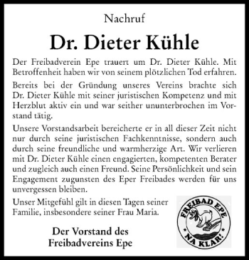 Anzeige von Dieter Kühle von Westfälische Nachrichten