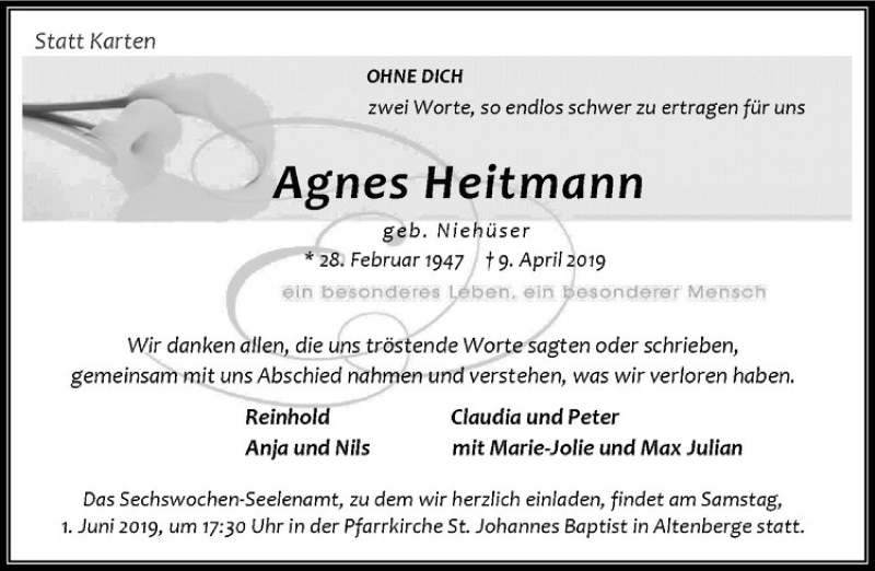  Traueranzeige für Agnes Heitmann vom 25.05.2019 aus Westfälische Nachrichten