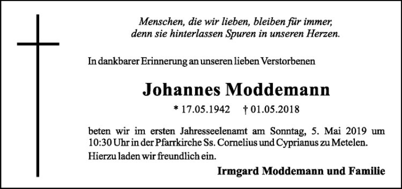  Traueranzeige für Johannes Moddemann vom 01.05.2019 aus Westfälische Nachrichten