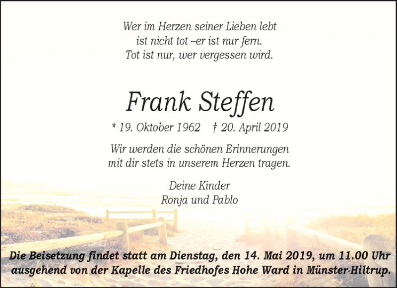  Traueranzeige für Frank Steffen vom 08.05.2019 aus Westfälische Nachrichten