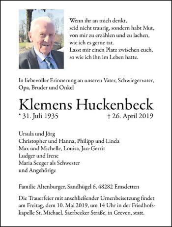 Anzeige von Klemens Huckenbeck von Westfälische Nachrichten