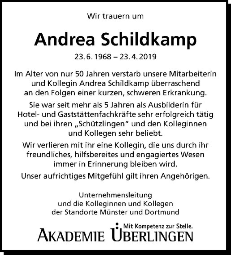  Traueranzeige für Andrea Schildkamp vom 04.05.2019 aus Westfälische Nachrichten