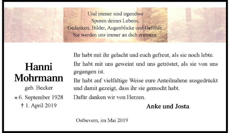  Traueranzeige für Hanni Mohrmann vom 15.05.2019 aus Westfälische Nachrichten