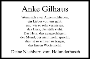 Anzeige von Anke Gilhaus von Westfälische Nachrichten