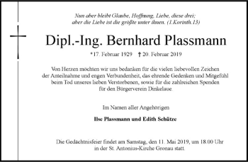 Anzeige von Bernhard Plassmann von Westfälische Nachrichten