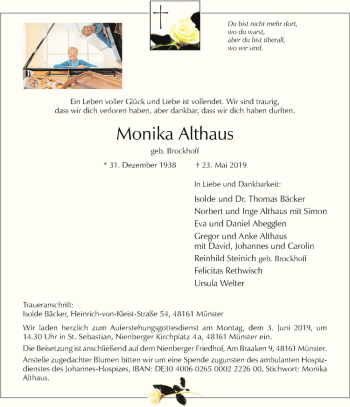 Anzeige von Monika Althaus von Westfälische Nachrichten