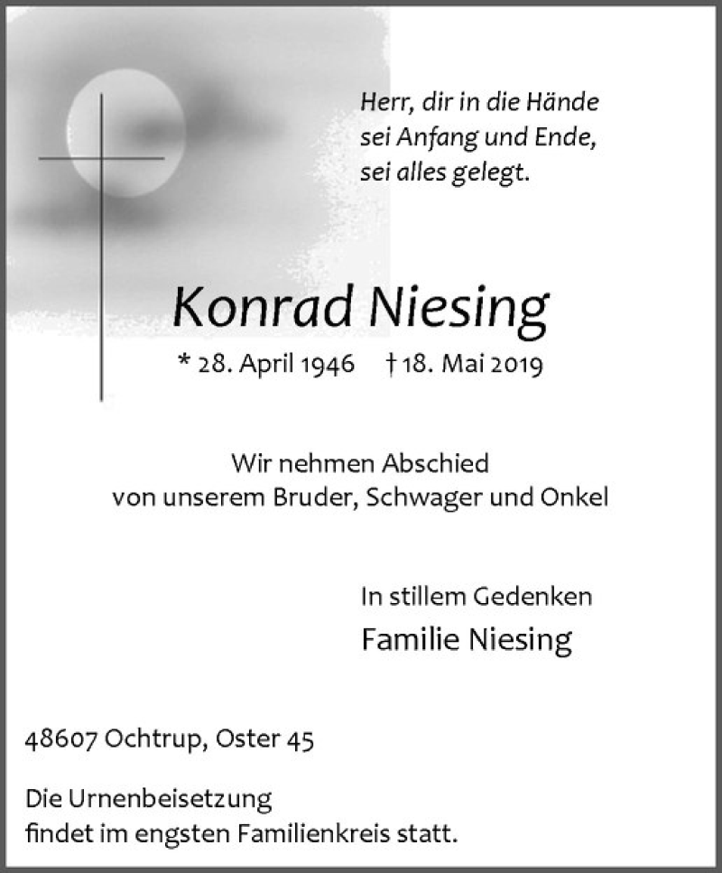  Traueranzeige für Konrad Niesing vom 22.05.2019 aus Westfälische Nachrichten