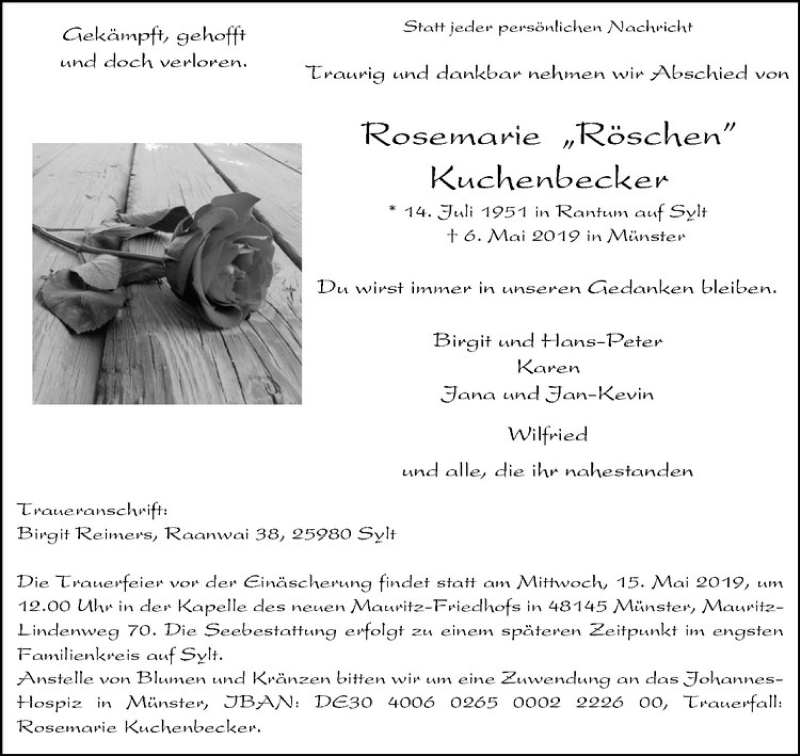  Traueranzeige für Rosemarie Kuchenbecker vom 11.05.2019 aus Westfälische Nachrichten