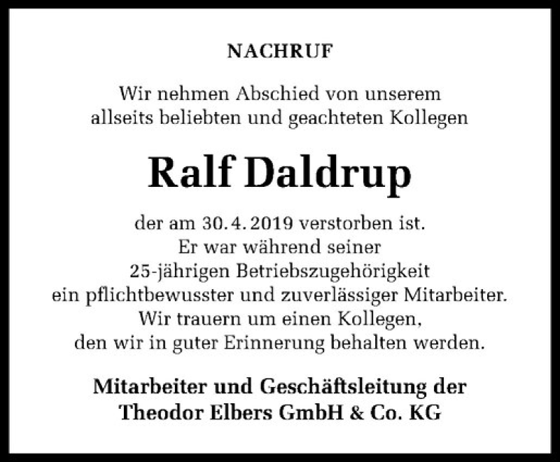  Traueranzeige für Ralf Daldrup vom 14.05.2019 aus Westfälische Nachrichten
