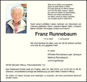 Anzeige von Franz Runnebaum von Westfälische Nachrichten