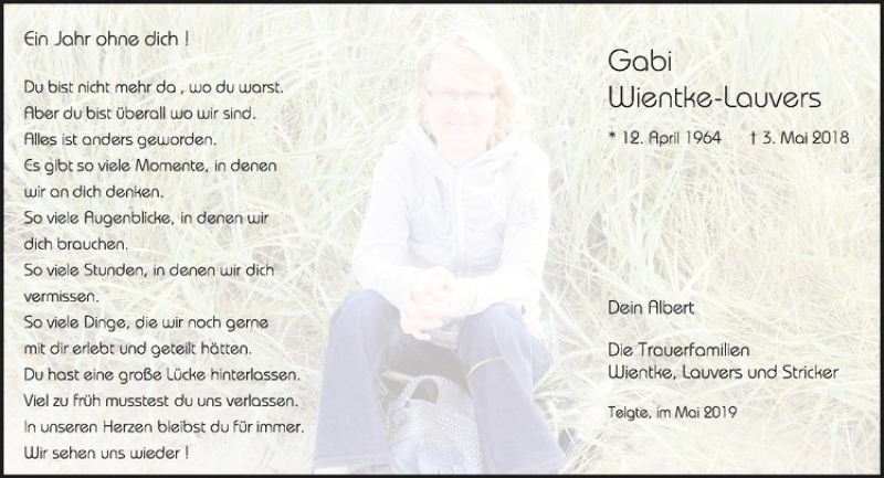  Traueranzeige für Gabie Wientke-Lauvers vom 03.05.2019 aus Westfälische Nachrichten