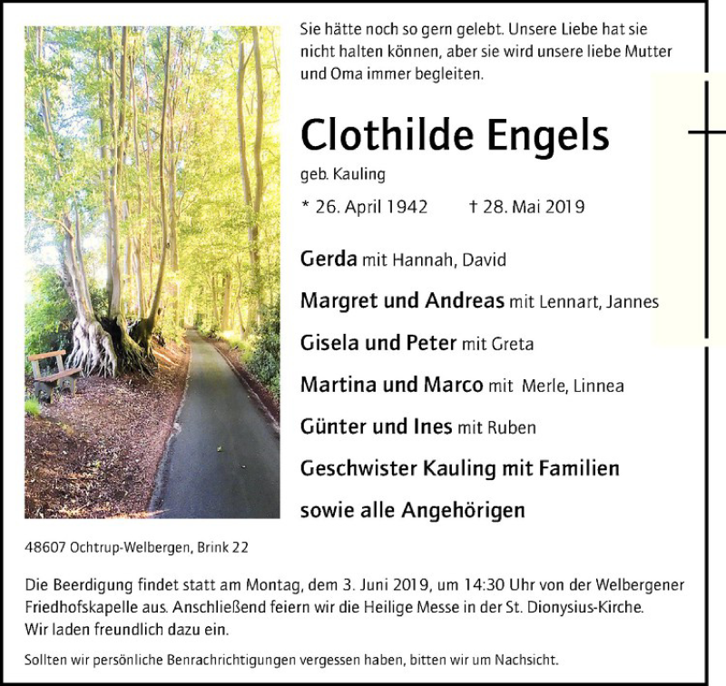  Traueranzeige für Clothilde Engels vom 30.05.2019 aus Westfälische Nachrichten