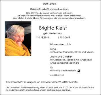Anzeige von Brigitta Kleist von Westfälische Nachrichten