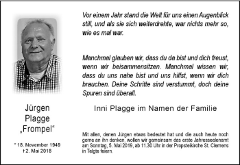 Anzeige von Jürgen Plagge von Westfälische Nachrichten
