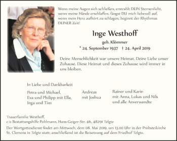 Anzeige von Inge Westhoff von Westfälische Nachrichten