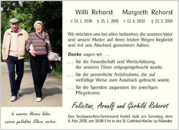 Anzeige von Margreth Rehorst von Westfälische Nachrichten