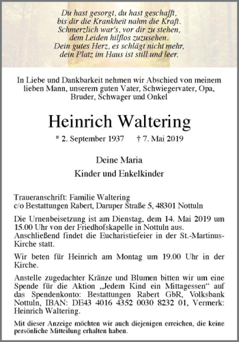 Anzeige von Heinrich Waltering von Westfälische Nachrichten