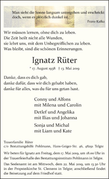 Anzeige von Ignatz Rüter von Westfälische Nachrichten