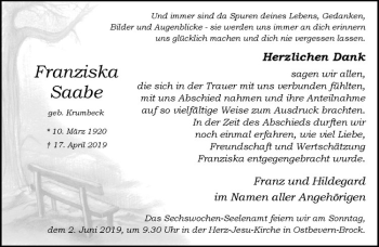 Anzeige von Franziska Saabe von Westfälische Nachrichten