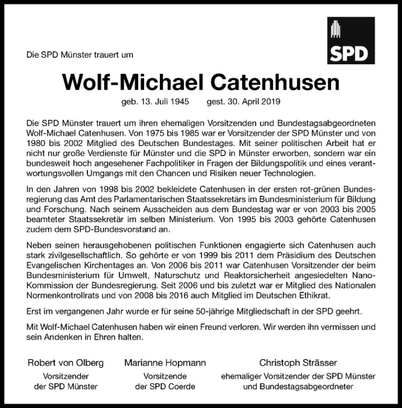  Traueranzeige für Wolf-Michael Catenhusen vom 11.05.2019 aus Westfälische Nachrichten