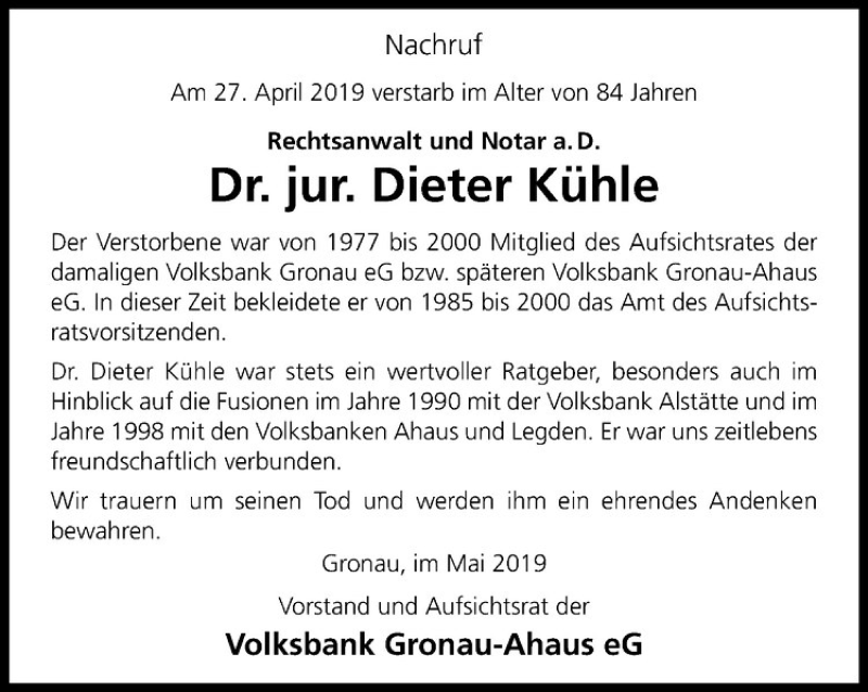  Traueranzeige für Dieter Kühle vom 03.05.2019 aus Westfälische Nachrichten