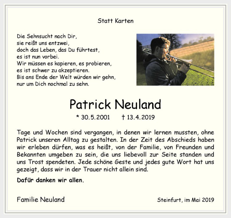  Traueranzeige für Patrick Neuland vom 23.05.2019 aus Westfälische Nachrichten