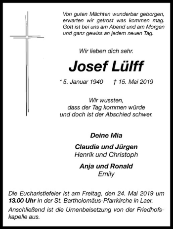 Anzeige von Josef Lülff von Westfälische Nachrichten