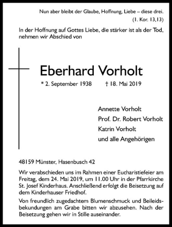 Anzeige von Eberhard Vorholt von Westfälische Nachrichten