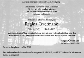 Anzeige von Regina Övermann von Westfälische Nachrichten