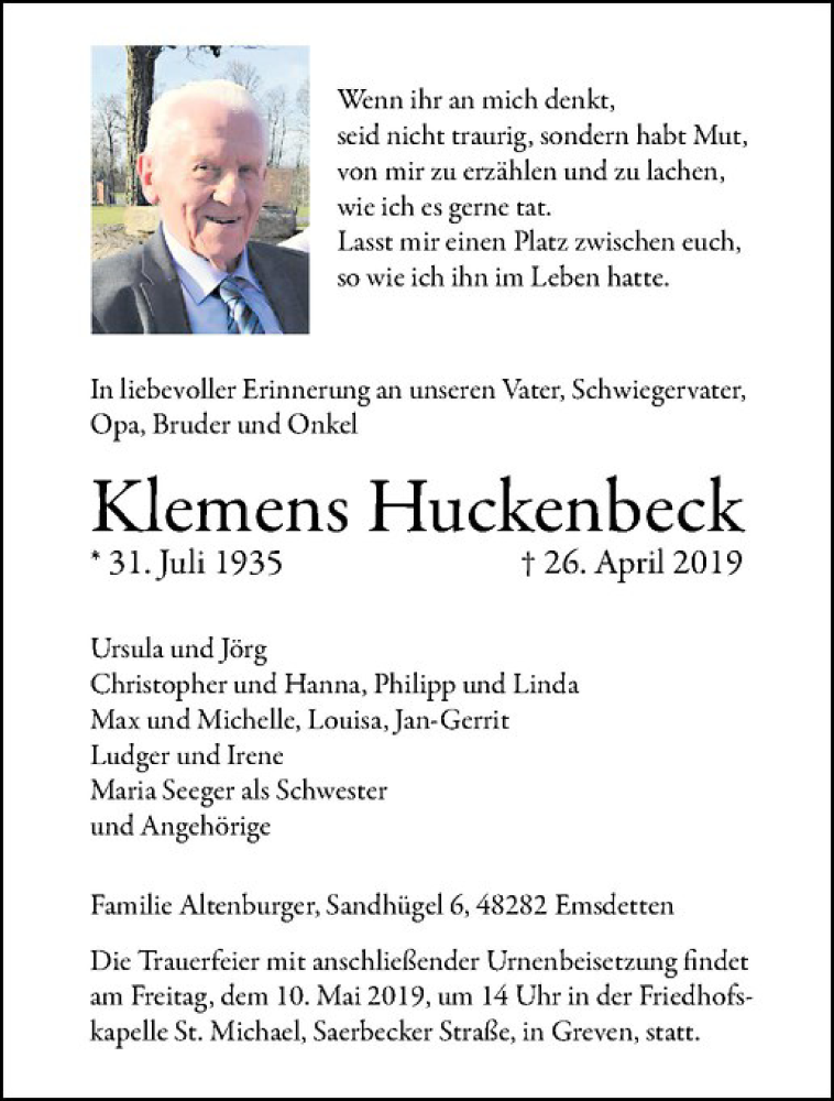  Traueranzeige für Klemens Huckenbeck vom 04.05.2019 aus Westfälische Nachrichten