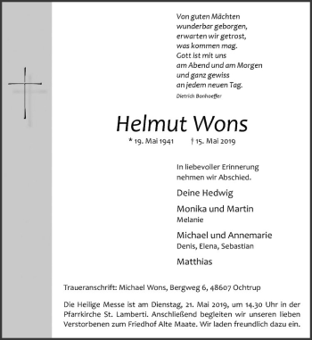 Anzeige von Helmut Wons von Westfälische Nachrichten