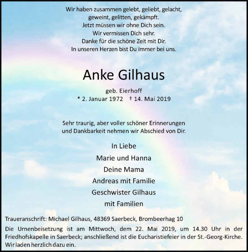  Traueranzeige für Anke Gilhaus vom 18.05.2019 aus Westfälische Nachrichten