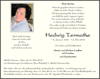 Anzeige von Hedwig Termathe von Westfälische Nachrichten