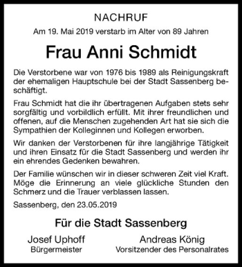 Anzeige von Anni Schmidt von Westfälische Nachrichten