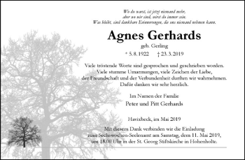Anzeige von Agnes Gerhards von Westfälische Nachrichten