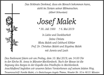 Anzeige von Josef Malek von Westfälische Nachrichten