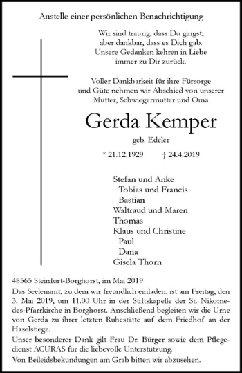 Anzeige von Gerda Kemper von Westfälische Nachrichten
