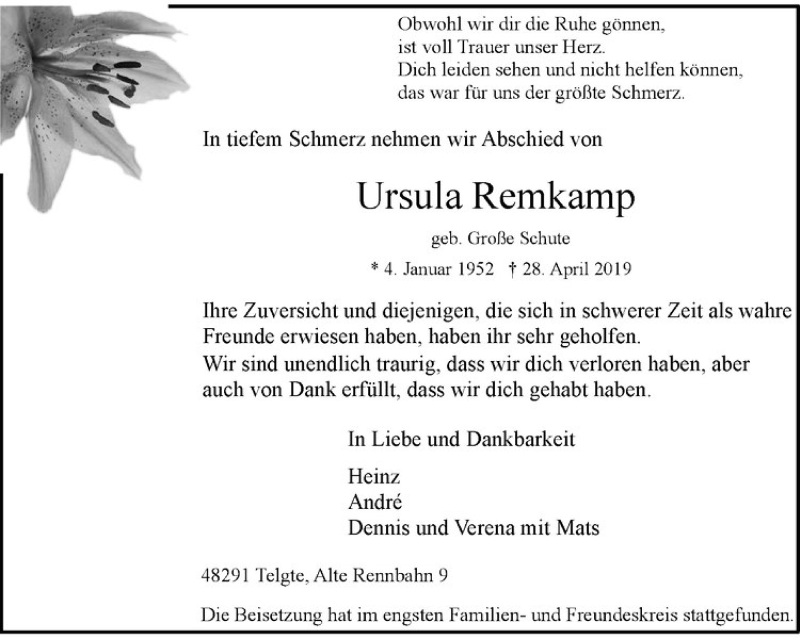  Traueranzeige für Ursula Remkamp vom 10.05.2019 aus Westfälische Nachrichten
