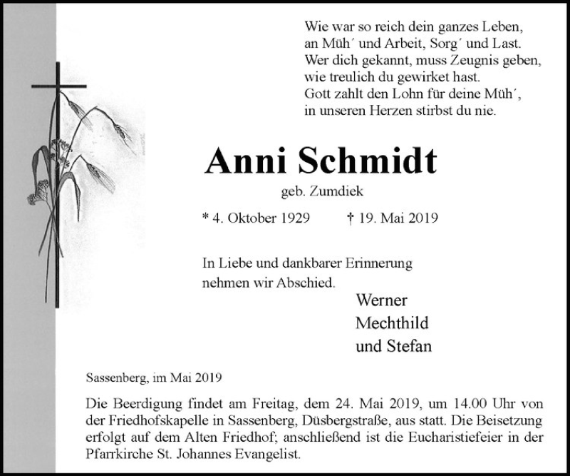  Traueranzeige für Anni Schmidt vom 22.05.2019 aus Westfälische Nachrichten