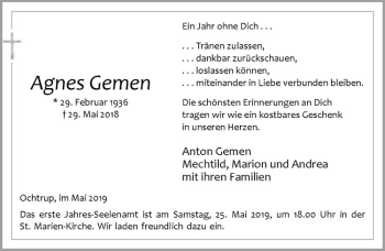 Anzeige von Agnes Gemen von Westfälische Nachrichten