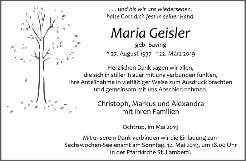  Traueranzeige für Maria Geisler vom 08.05.2019 aus Westfälische Nachrichten