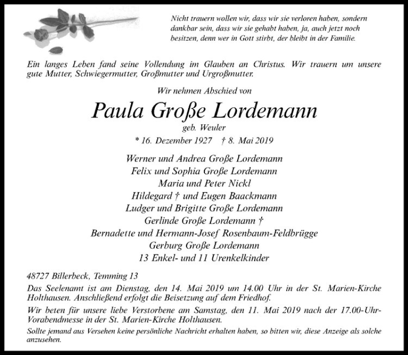  Traueranzeige für Paula Große Lordemann vom 11.05.2019 aus Westfälische Nachrichten
