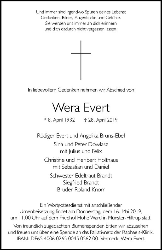 Traueranzeige für Wera Evert vom 13.05.2019 aus Westfälische Nachrichten