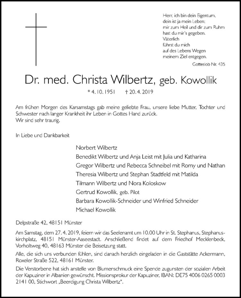  Traueranzeige für Christa Wilbertz vom 24.04.2019 aus Westfälische Nachrichten