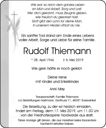 Anzeige von Rudolf Thiemann von Westfälische Nachrichten