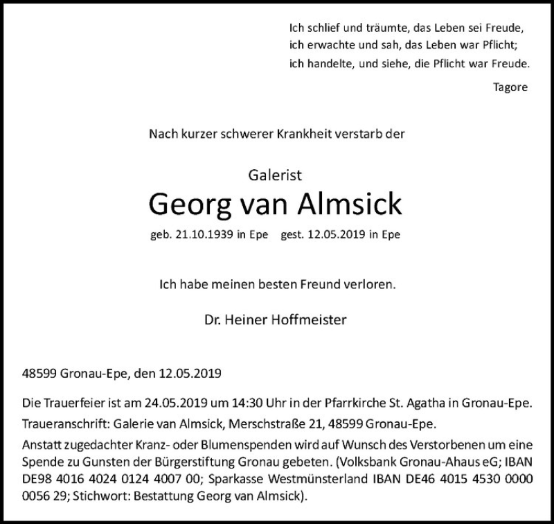  Traueranzeige für Georg van Almsick vom 18.05.2019 aus Westfälische Nachrichten
