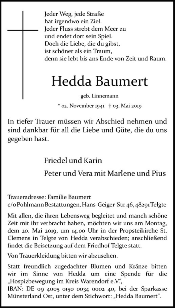 Anzeige von Hedda Baumert von Westfälische Nachrichten