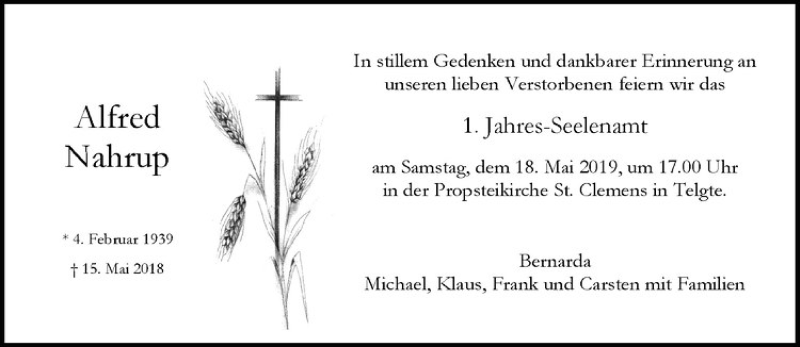  Traueranzeige für Alfred Nahrup vom 15.05.2019 aus Westfälische Nachrichten