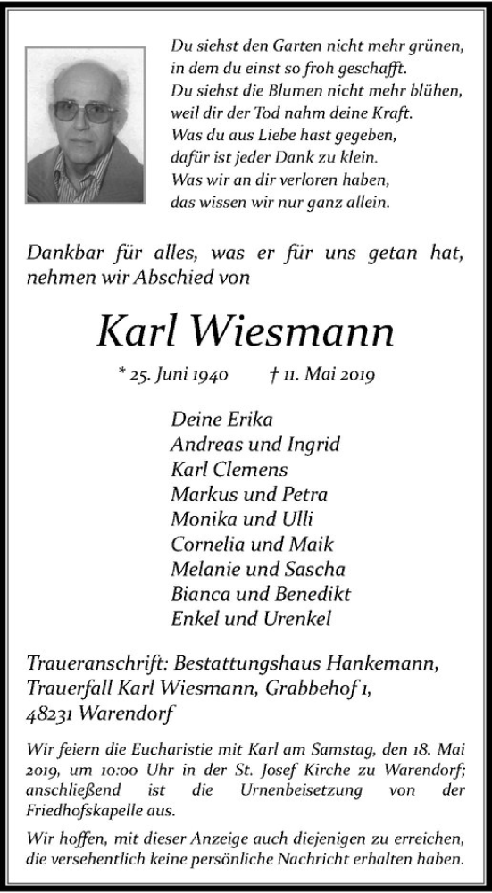  Traueranzeige für Karl Wiesmann vom 14.05.2019 aus Westfälische Nachrichten